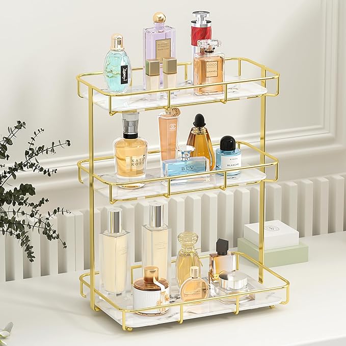 Bathroom Organizer Countertop Perfume Organizer Makeup Organizer Cosmetics Storage Display Rack Vanity Tray Dresser Stainless Steel Gold Shelf White Marble Ceramic Tray