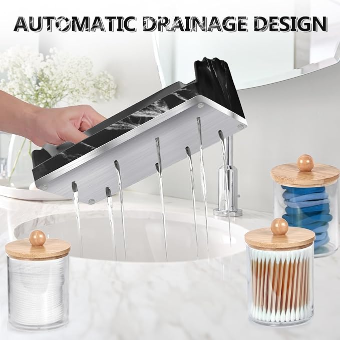 Marble Bathroom Countertop Organizer, Toothbrush Holders for Bathroom with 3PCS Qtip Holder Dispenser and Toothpaste Holder Drainage for Bathroom Accessories Organization Counter Vanity Storage