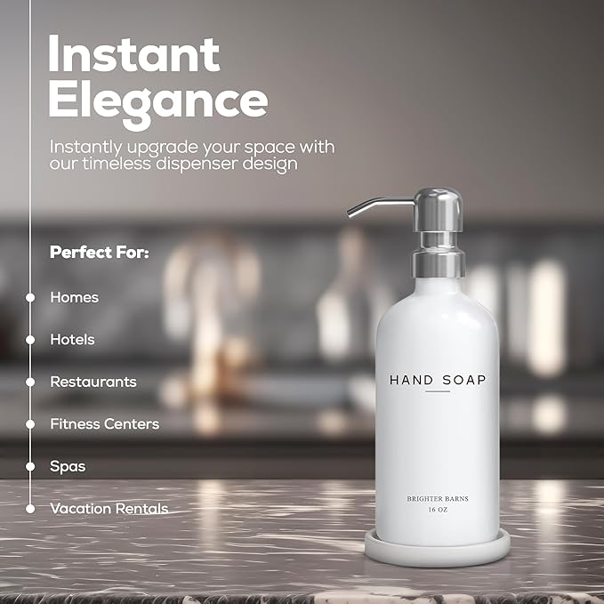 White Glass Hand Soap Dispenser Bathroom Set by Brighter Barns - Bathroom Soap Dispenser Set with Ceramic Tray - Refillable Glass Bottle Pump - Modern Home Decor for Airbnb, Hotel, Restaurants (White)