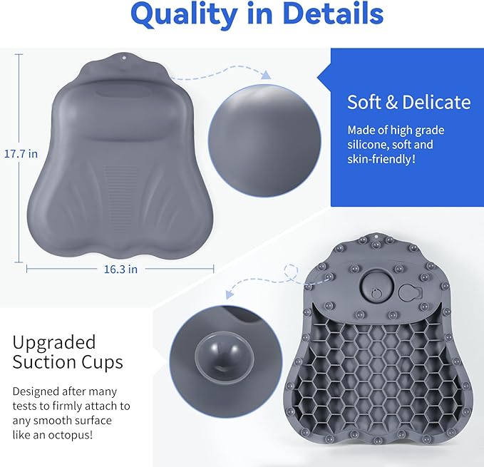 Goowin Bath Pillows for Tub, New Generation Skin-Friendly Silicone Bath Pillow, Luxury Bathtub Pillow for Head and Neck, Powerful Suction Tub Pillow for Bathtub with Inflatable Airbag (Grey)