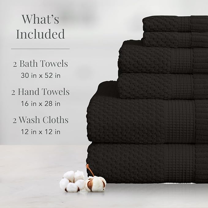 NY Loft 100% Cotton Towel Set 6 Piece | Super Soft & Absorbent Quick-Dry 2 Bath Towels 2 Hand Towels & 2 Washcloths | Textured and Durable Cotton | Premium Thick Towels | 6 Piece Set - Black