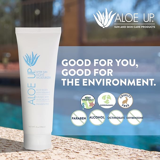 ALOE UP Spa Collection After Sun Light Moisturizer - Organic Hydrating After Sun Lotion With Aloe Vera Gel and Vitamin E - Reef Friendly - Mineral Oil Free - Peach-Apricot Fragrance - 4 Oz