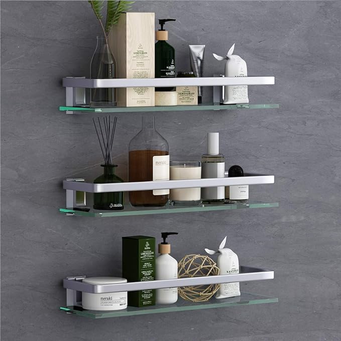 VOLPONE Bathroom Wall Shelf 15.7in Bathroom Glass Shelves Wall Mount Glass Shelf Rustproof Bathroom Wall Organizer 3 Tier (Sliver)