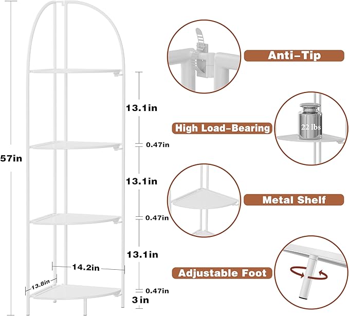 Crofy Foldable 4 Tier Corner Shelf, Metal Corner Plant Stand with White Frame and White Shelves, Corner Display Rack Multipurpose Shelving Unit for Living Room, Bedroom, Bathroom