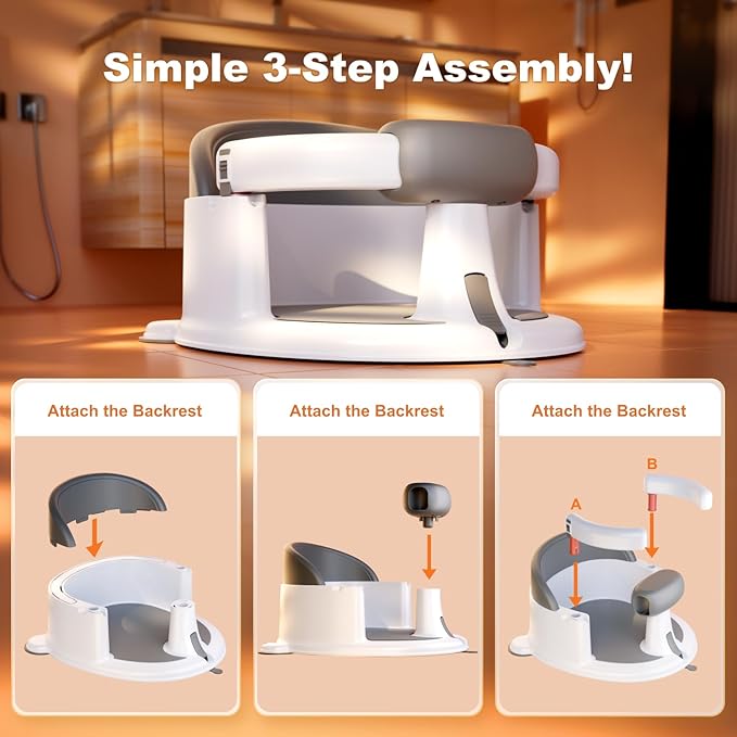 Baby Bath Seat for Babies: Non-Slip Infant Bathtub Chair with Suction Cups, Safe & Comfortable Baby Bath Support, Ideal for Sitting Up, Easy to Clean, Stable Design, Grey (6-24 Months)
