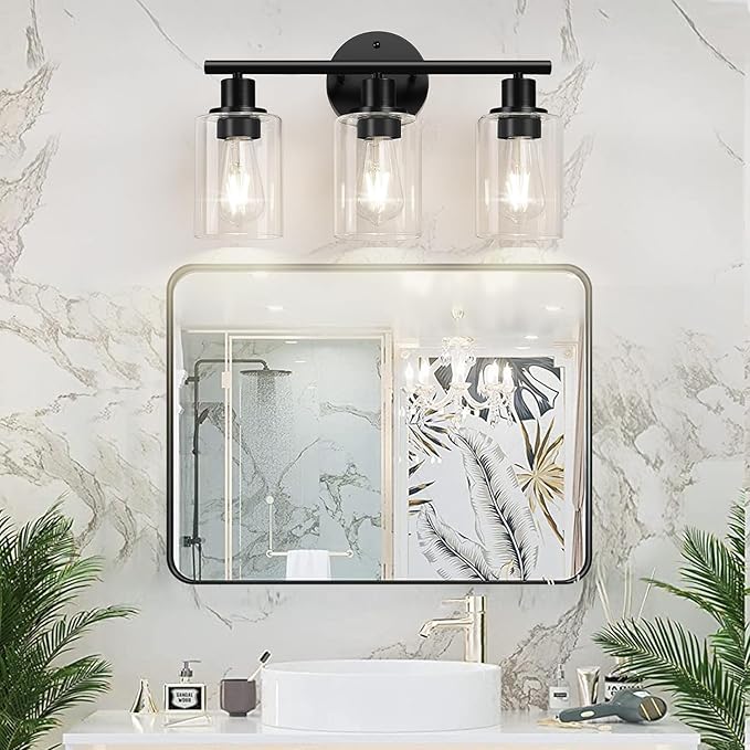 3-Light Bathroom Light Fixtures, 17.23" Black Modern Vanity Lights with Clear Glass Shade, Bathroom Wall Lamp for Mirror Kitchen Living Room Hallway Cabinet Porch
