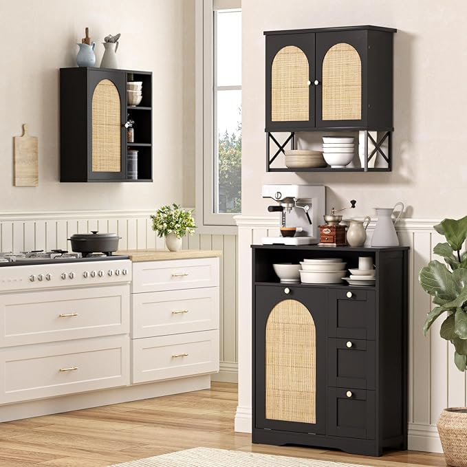 Rattan Bathroom Wall Cabinet, Boho Medicine Wall Cabinet with Double Doors and Adjustable Shelves, Tall Kitchen Wall Mounted Storage Cabinet, Floating Space Saver Over Toilet, Black