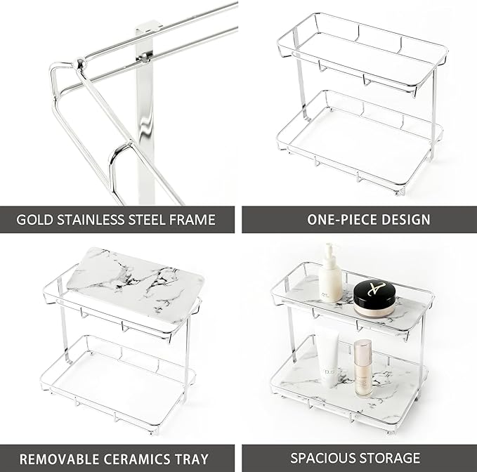 Bathroom Organizer Countertop Perfume Organizer Makeup Organizer Cosmetics Storage Display Rack Vanity Tray Dresser Stainless Steel Gold Shelf White Marble Ceramic Tray (2 Tier L-Sliver)