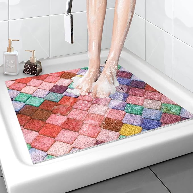 Shower Mat Non-Slip, 24x 24 Inch Square, Soft Comfort Bath Mats with Drainage Holes, PVC Loofah Massage Shower Floor Mat for Shower, Bathroom, Wet Areas, Quick Drying