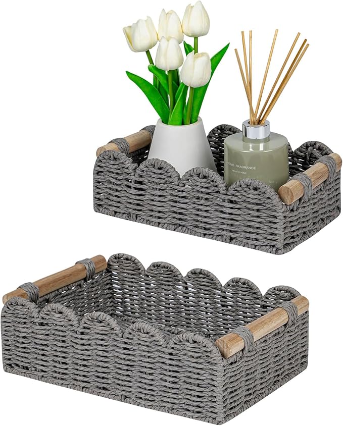 CubesLand Scalloped Edge Decor Baskets for Home, Living Room, Toilet Paper Storage Basket for Over Toilet Tank Top, Storage Shelf, Cute Small Paper Rope Baskets Both Storage&Decor, Set 2 Grey