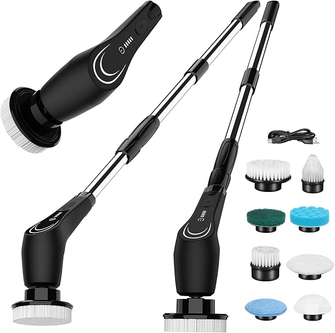Black Electric Spin Scrubber, Cordless Spin Scrubber with 8 Replaceable Brush Heads, Electric Scrub Brush with Adjustable Extension Handle, Electric Cleaning Brush for Bathroom, Tile and Bathtub
