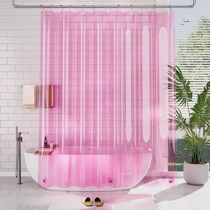 AmazerBath 72x78 Long Shower Curtain Liner, Clear Pink Plastic Shower Liner, Waterproof PEVA Shower Liners, Cute Lightweight Shower Curtains for Bathroom with 3 Magnets & 12 Rustproof Grommets