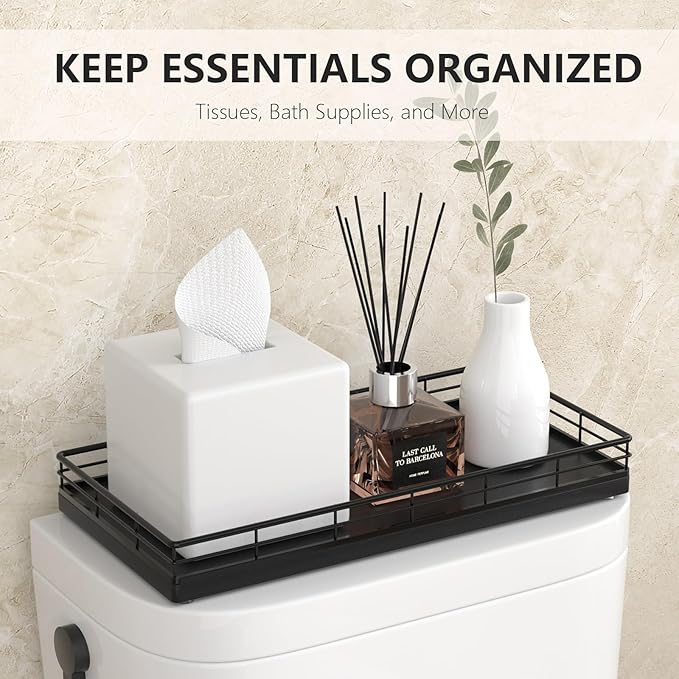 Toilet Paper Basket Organizer – Oak Wood Toilet Tank Tray with Metal Frame, Back of Tank or Top Bathroom Counter Storage – Black Modern Decor
