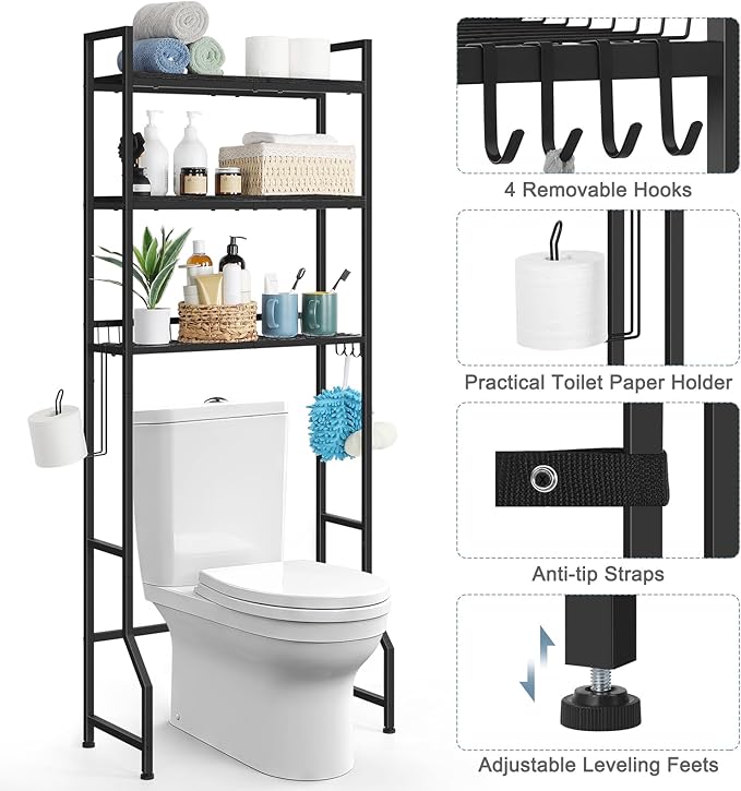 Over The Toilet Storage Over Toilet Rack Bathroom Organizer 3 Tier Toilet Shelf with 4 Hooks and Toilet Paper Holder Freestanding Bathroom Stand Over Toilet Save Space, Black