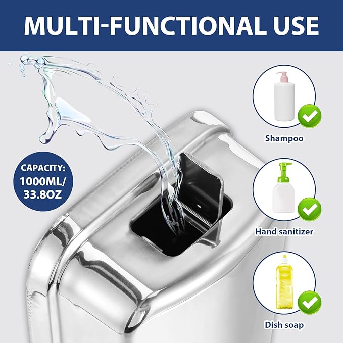 1000ml Commercial Soap Dispenser Wall Mount, Stainless Steel Hand Soap Dispenser for Bathrooms, Refillable Hand Sanitizer Dispenser for Home, Hotels, Restaurants, Hospitals (Silver)