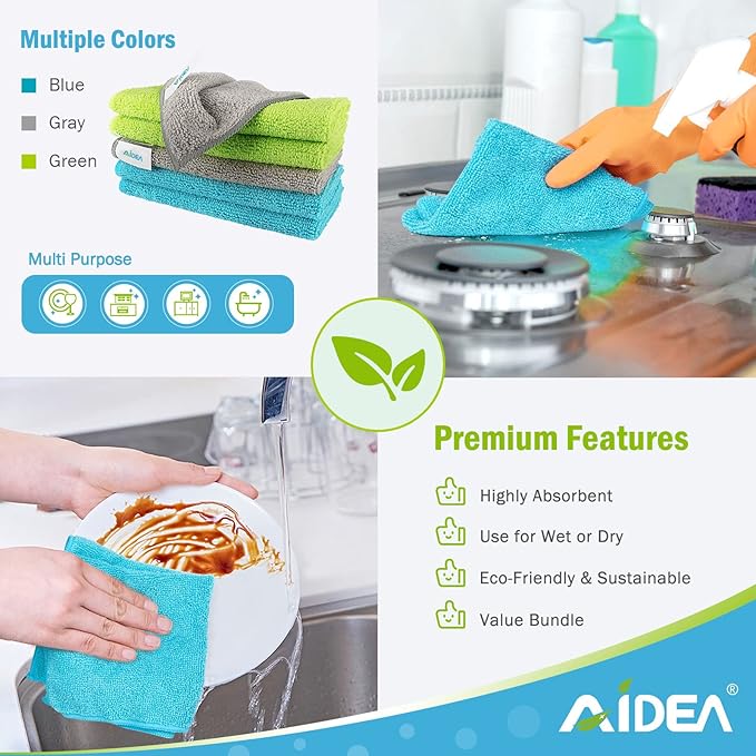 AIDEA Microfiber Cleaning Cloth-24PK, Soft Microfiber Towels for Cars, Absorbent Cleaning Rags, Lint-Free Streak-Free Wash Cloths for House, Kitchen, Window(12in.x12in)