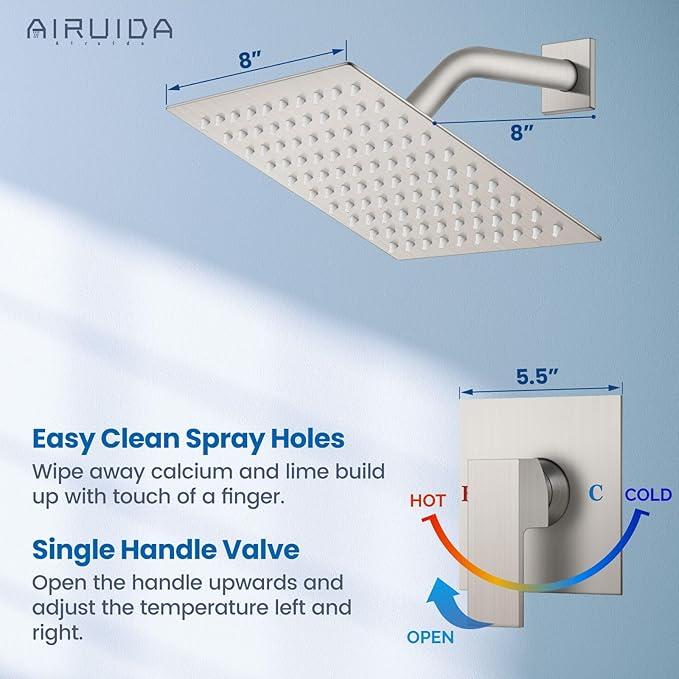 Airuida Shower Faucet Set Bathroom Rain Shower System SUS304 Stainless Steel Single Handle With Male Threads Rough-in Valve Shower Trim Kit 8 Inch Wall Mount Shower Head Brushed Nickel