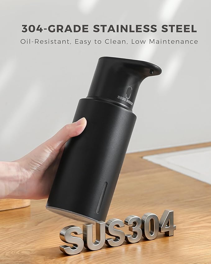 Automatic Foaming Soap Dispenser Touchless, 304 Stainless Steel Bottle Body & 16.2oz/480ml,USB Rechargeable, 3 Adjustable Liquid Levels, IPX7 Waterproof, for Kitchen Bathroom, Black