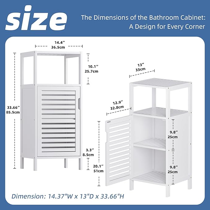 HITNET Bamboo Bathroom Storage Cabinet, 4 Tier Small White Floor Cabinet with Single Door, Free Standing Slim Narrow Storage Organizer for Bedroom Living Room