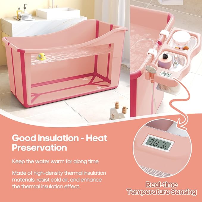 Collapsible Baby Bathtub Foldable Bathtub for Toddler Portable Large Foldable Bath Tub Bathtub for Kids Petite with Thermometer and Storage Basket (Pink)