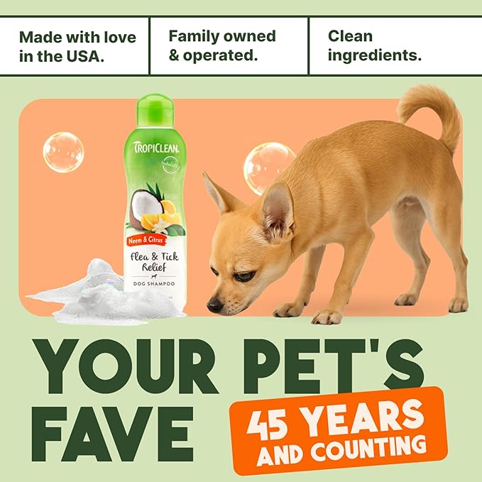 TropiClean Citrus Flea & Tick Shampoo for Dogs, Soothing Bite Relief, Fresh Citrus Scent, Made in the USA, 20oz.