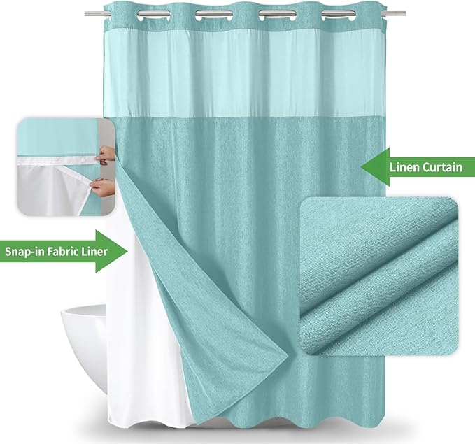 No Hooks Needed Linen Textured Shower Curtain with Snap-in Fabric Liner Set,Hotel Luxury Decor Waterproof Shower Curtains for Bathroom with Mesh Top Window,Washable,71Wx74H,Teal