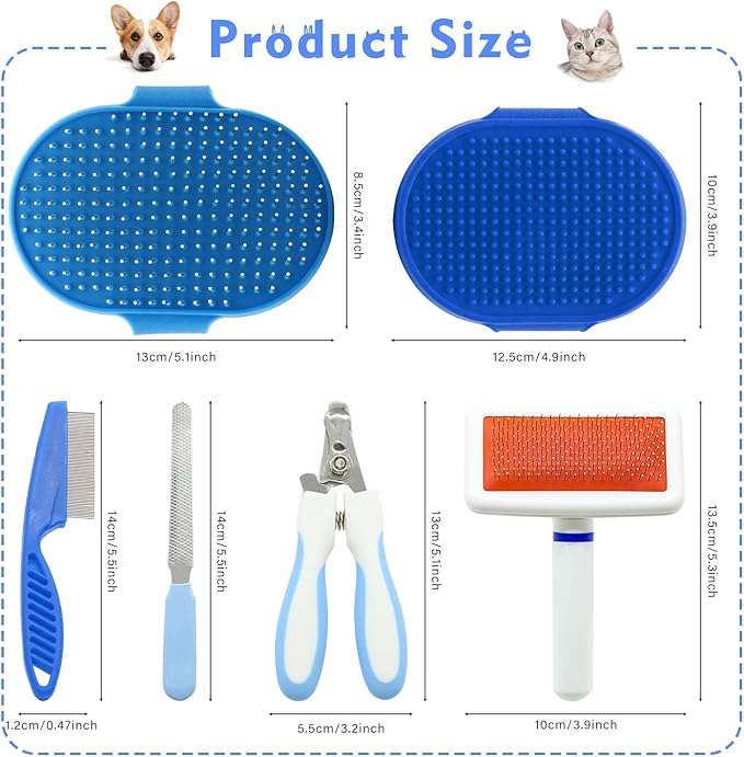 Pet Grooming Kit with Slicker Brush Bath Massage Glove Brush Pet Shedding Comb Nail Clipper Trimmer 6 Piece Set for Rabbit Kitten Guinea Pig Cat Chinchilla Ferret Small Animals