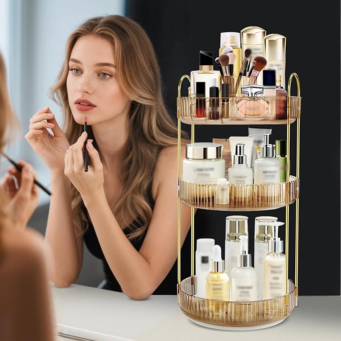 360 Rotating Makeup Organizer for Vanity,3 Tier Large Capacity Skincare Organizers,Bathroom Counter Organizer, transparent Spinning Perfume Organizer & Vanity Organizer (Gold-3 Tier)