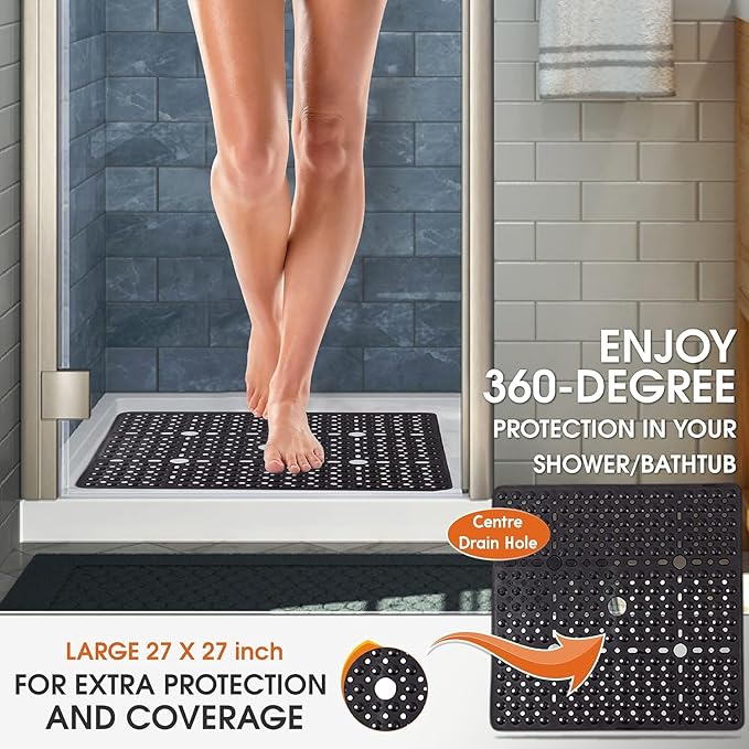 ENKOSI Large Square Shower Mat - 27x27 inch Non Slip Shower Mats - Green Shower Mats for Showers Anti Slip - Shower Non Slip Mat - Shower Mat with Drain Hole - Square Bathroom Mat (Clear Green 27x27)