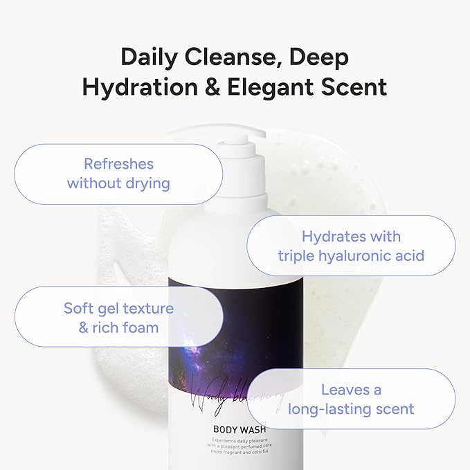 Korean Body Wash with Hyaluronic Acid & Aloe – Hydrating Moisturizing Cleanser for All Skin – Infused with Natural Extracts – Paraben & Silicone-Free – Woody Blackberry, 500ml / 16.9 fl oz