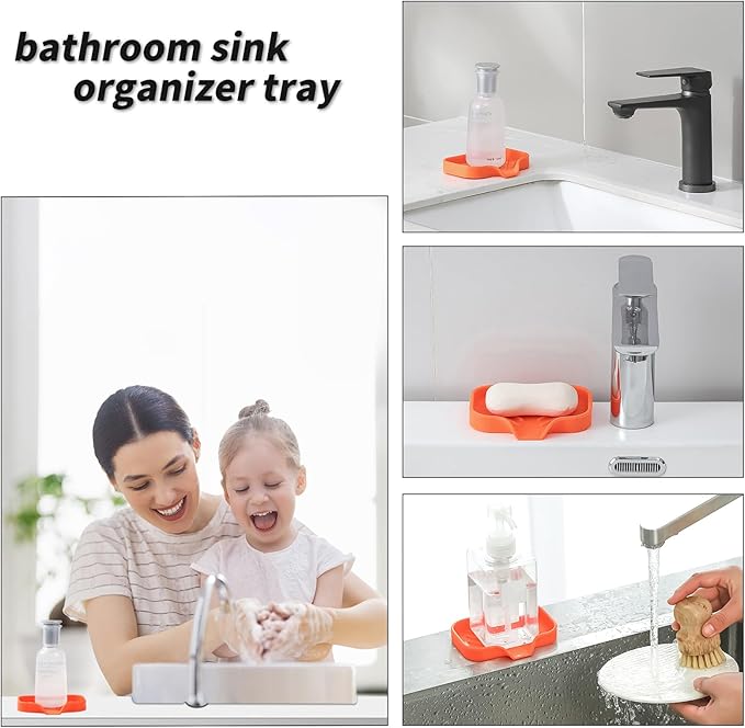 Silicone Bathroom Soap Dishes with Drain Spout-Bathroom and Kitchen Sink Organizer,Sponge Holder,Dish Soap Tray,Perfect for Dispenser,Scrubber,Bottle,Cup on Sink or Counter-Orange 4.9"×3.2"