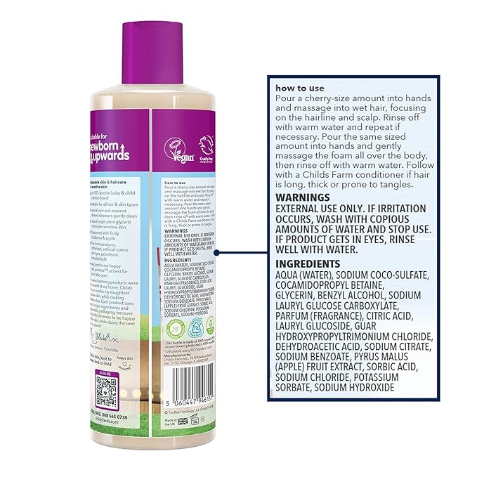 Childs Farm, Kids Hair & Body Wash for Dry, Sensitive Skin, Blackberry & Organic Apple, Gently Cleanses, Vegan, Cruelty-Free, 16.9 fl oz