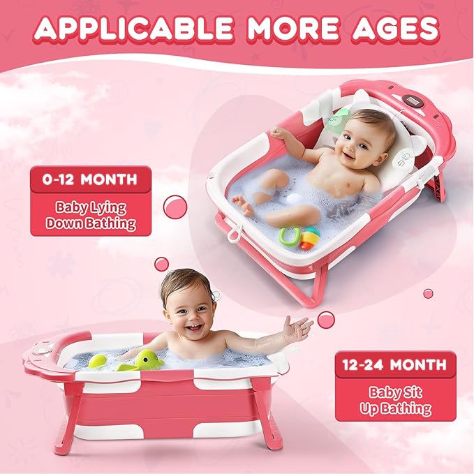 Baby Bathtub,Collapsible Baby Bath Tub with Thermometer & Soft Floating Cushion,Portable Travel Baby Bathtubs for Newborns to Toddlers 0-36 Months(Bear Pink)