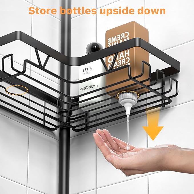 KEGII Corner Shower Caddy Tension Pole - Shower Tension Rod Organizer, Floor to Ceiling Shower Caddy 25-114.2 inch, Towel Rack Corner Waterproof, Black