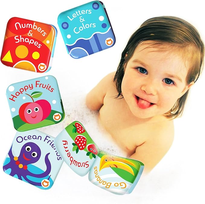 Floating Baby Bath Books Set of 4 - Bath Books for Babies, Infants - Waterproof, Mold-Free Bath Toys for Learning & Early Education (Fruit, Ocean, ABC, Numbers Books)