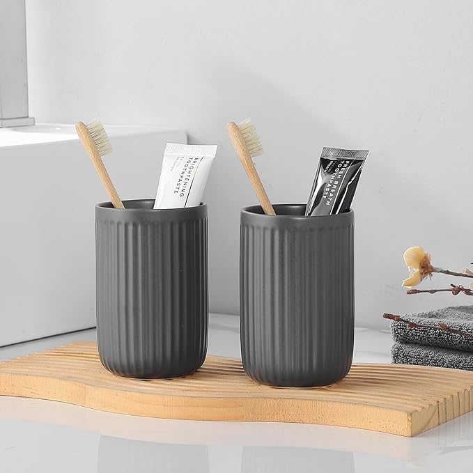 Grey Toothbrush Holders for Bathrooms - 2 Cups Ceramic Toothbrush Toothpaste Holders Set, White Bathroom Tumbler Cups Reusable Toothbrush Mouthwash Cup, Bathroom Counter Organizer.