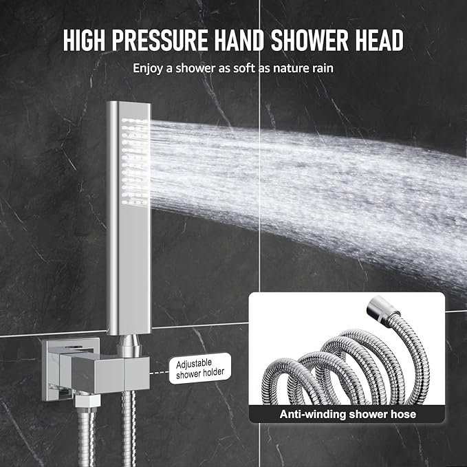 Iriber Chrome Shower System Wall Mount with 12 Inch Rain Shower Head and Handheld Bathroom Shower Set Contain Shower Faucet Mixer Valve Trim Kit (Valve Included)