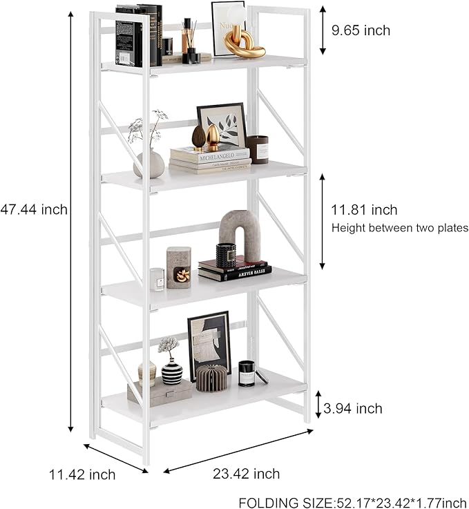 JSB No Assembly Folding Bookshelf, 4 Tier Industrial Metal Book Shelf for Storage, Vintage Wood Foldable Bookcase for Living Room, Bedroom, Office Organization Shelves