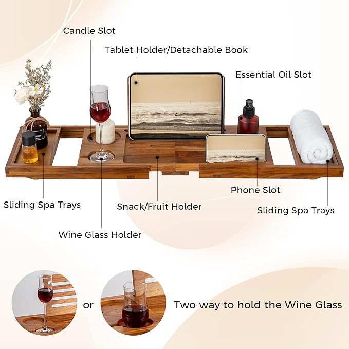 Teak Bathtub Tray - Luxury Bath Tray with Expandable Handles, Wine Glass and Phone Holders, Book Stand - Perfect for Home Spa Relaxation and Reading - Natural Bath Accessories - Light Walnut Color