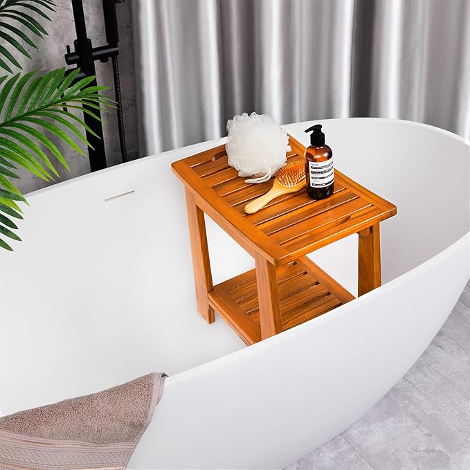 14" Compact Teak Shower Stool with Shelf & Handle - Waterproof, Non-Slip Bath Bench for Small Bathrooms/Outdoor Use, 300 lbs Capacity (Patented)