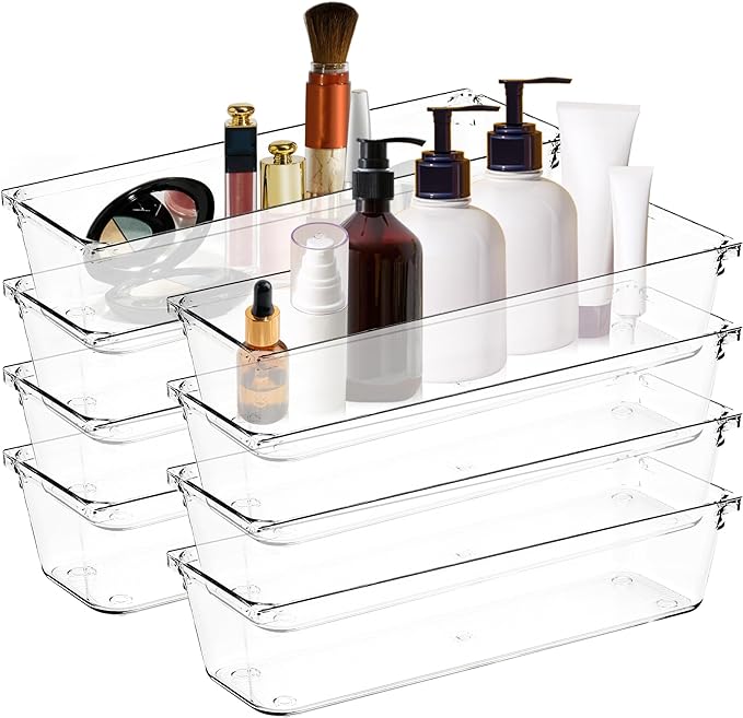 8 Pack Drawer Organizer - 3" X 9" Clear Acrylic Storage Bins with Non-Slip Pads, Versatile Desk Tray for Makeup, Jewelry, Kitchen, Bathroom, and Office Organization