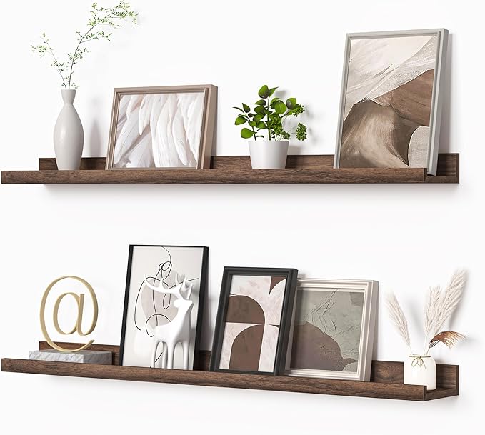 Heimlove Picture Ledge Shelf, Floating Shelves Set of 2, 36 Inches Picture Shelf for Wall with Ledge, Kids Bookshelf Wall Mounted for Living Room Bedroom Decor Books Photo Frames - Walnut