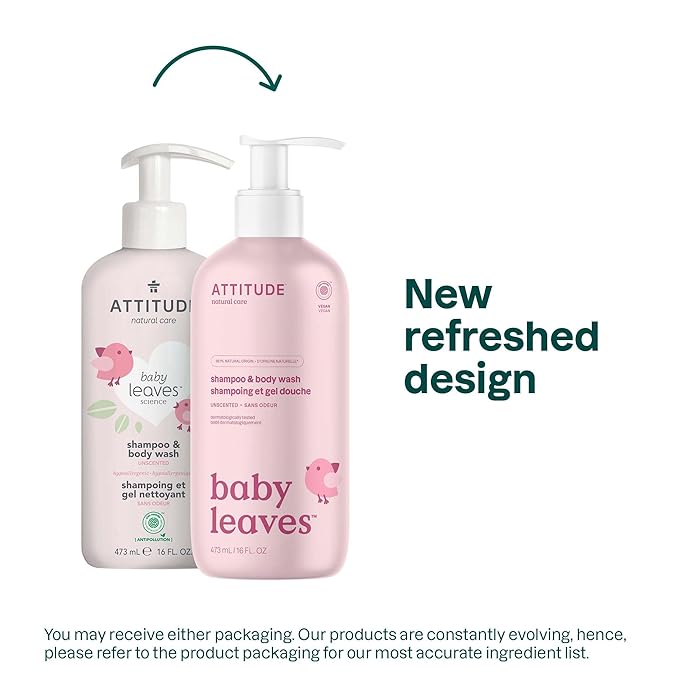 ATTITUDE 2-in-1 Shampoo and Body Wash for Baby, Fragrance-Free EWG Hypoallergenic Plant- and Mineral-Based Ingredients, Vegan and Cruelty-Free, Unscented, 16 Fl Oz