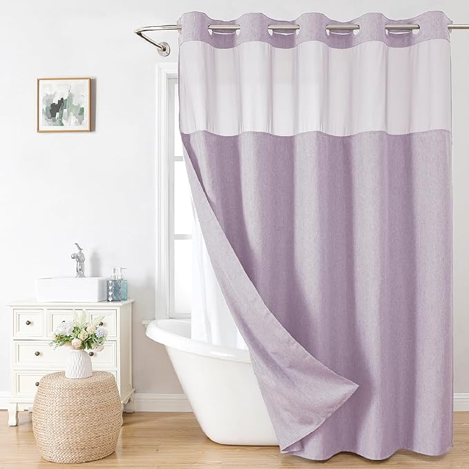 Extra Long No Hooks Needed Linen Textured Shower Curtain with Snap-in Fabric Liner Set,White Hotel Luxury Decor Shower Curtains for Bathroom,Waterproof & Washable,71Wx86H,Lavender