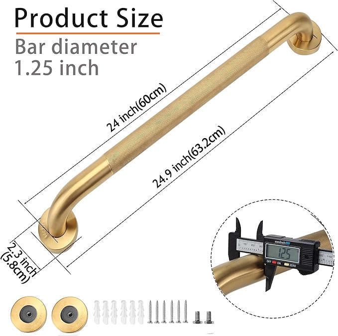 Shower Grab Bar, 2 Pack 24 Inch Gold Bathroom Grab Bar, 1.25" Diameter 304 Stainless Steel Anti-Slip Grab Bars for Bathtubs and Showers, Handicap Shower Grab Bar for Seniors Elderly