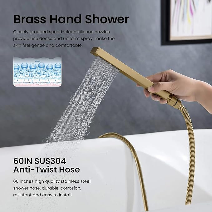 KIBI Cube Brushed Brass Freestanding Bathtub Faucet Floor‑Mounted Brass Tub Filler | Single‑Handle Bathroom Faucets with Hand Shower, Ceramic Cartridge & Stainless Steel Hose (KTF302)