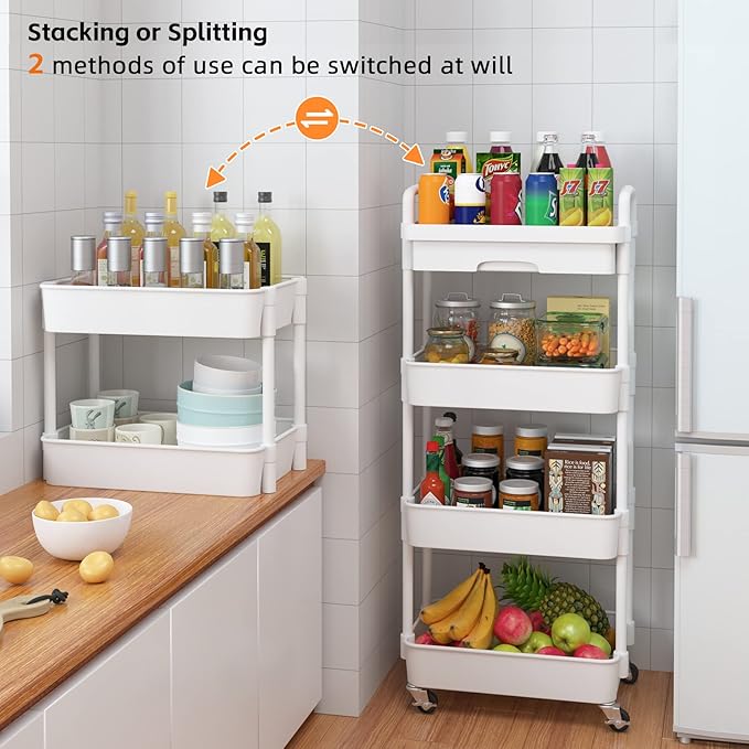 Calmootey 4-Tier Rolling Utility Cart with Drawer,Multifunctional Storage Organizer with Plastic Shelf & Metal Wheel,Storage Cart for Kitchen,Bathroom,Living Room,Office,White