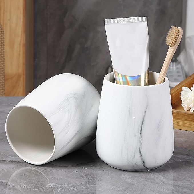 2Pcs Toothbrush Holder for Bathroom - Marble White Ceramic Tooth Brushing Holders Set, Toothbrush Cup & Toothpaste Organizer for Bathroom Countertop, Makeup Brush Holder, Pen Holder for Home Storage
