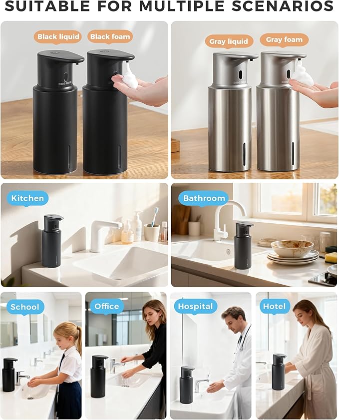 Automatic Foaming Soap Dispenser Touchless, 304 Stainless Steel Bottle Body & 16.2oz/480ml,USB Rechargeable, 3 Adjustable Liquid Levels, IPX7 Waterproof, for Kitchen Bathroom, Black