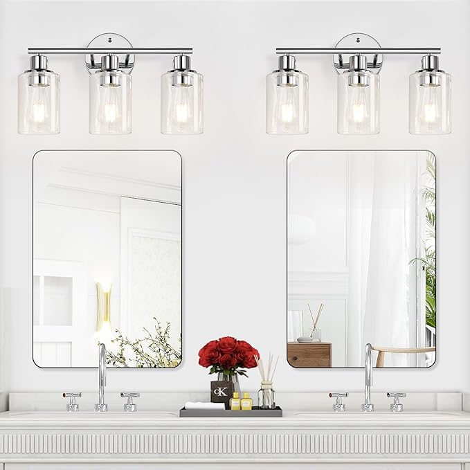 3-Light Bathroom Light Fixtures, Chrome Bathroom Wall Light with Clear Glass Shade, Bathroom Wall Lamp for Mirror Kitchen Living Room Hallway Cabinet